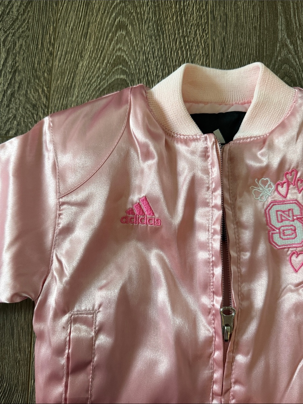 adidas Pink Satin Kids Bomber Jacket with Striped Ribbing - Picture 4 of 5